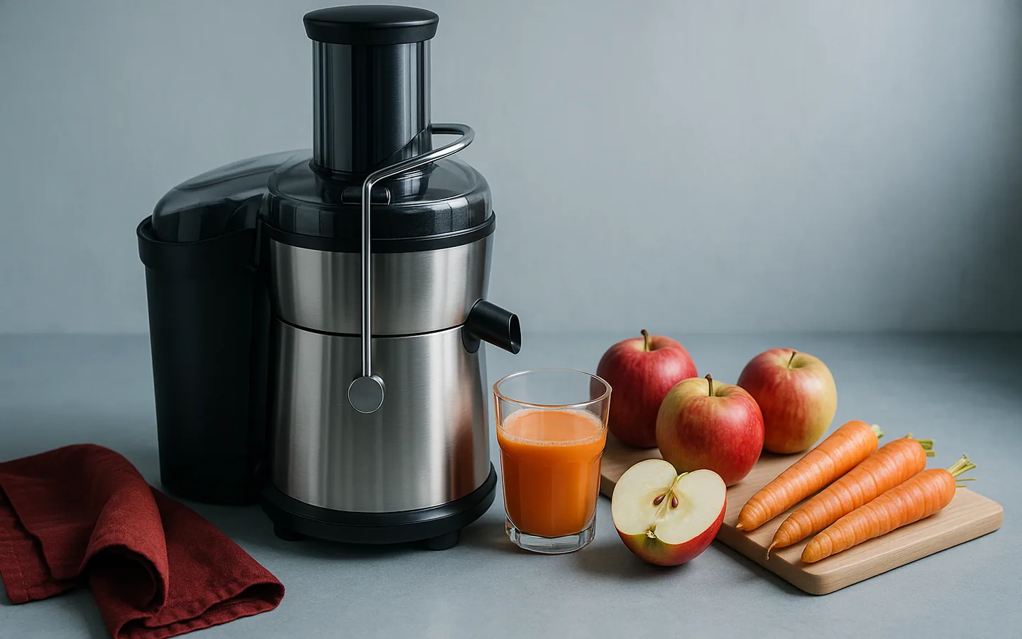 En juicepress med pressad frukt och grönsaker uppställda bredvid på en köksbänk