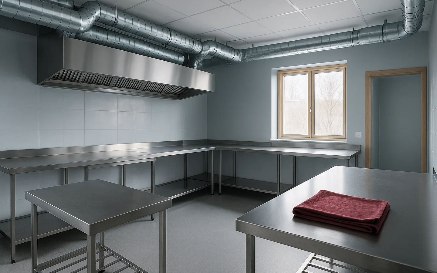Ett tomt, nybyggt restaurangkök med rostfria bänkar, redo för installation av utrustning