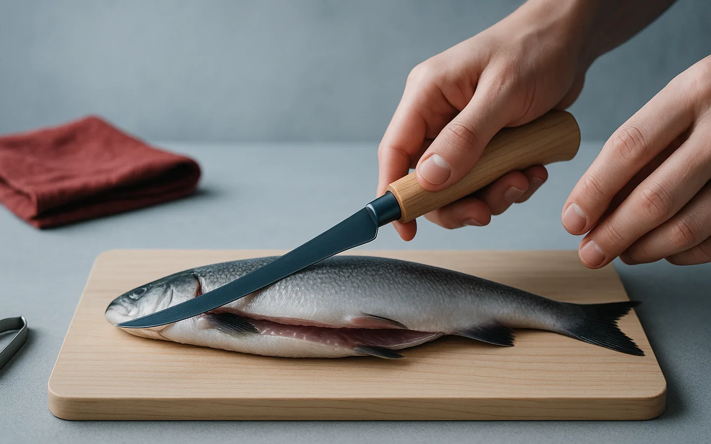 Flexibel filékniv som förs längs ryggraden på en fisk som ligger på en björkskärbräda