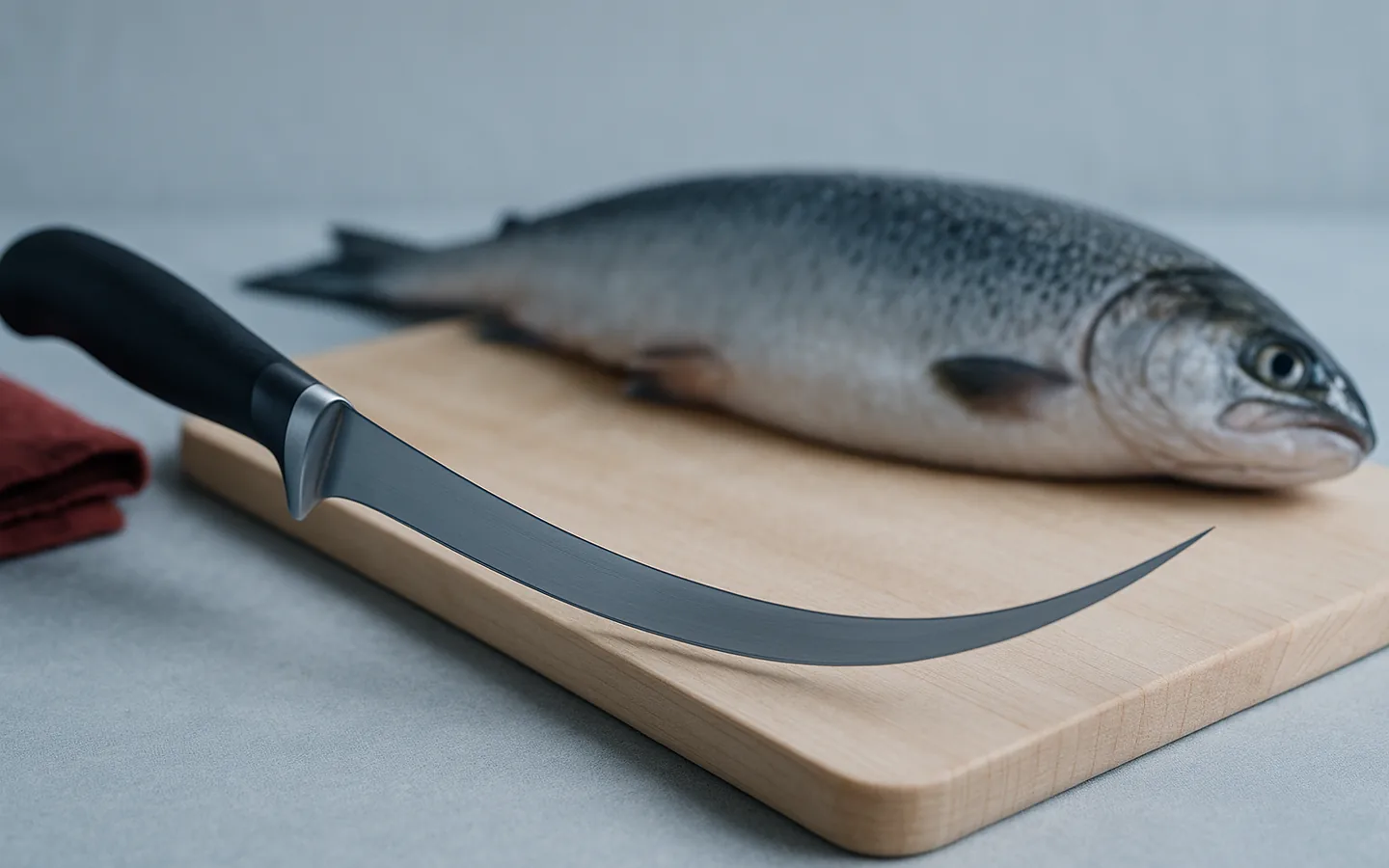 En filékniv med långt, smalt och böjligt blad som filéar en hel fisk på en skärbräda