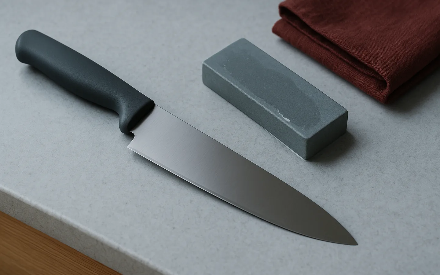Kockkniv med enkelt formgivet plasthandtag bredvid en vattensten och björkspån på en ljus stenbänk