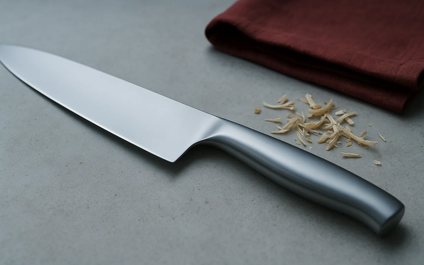Kockkniv med helgjutet metallskaft och sandfylld tyngdpunkt vilandes på en vattensten med björkspån