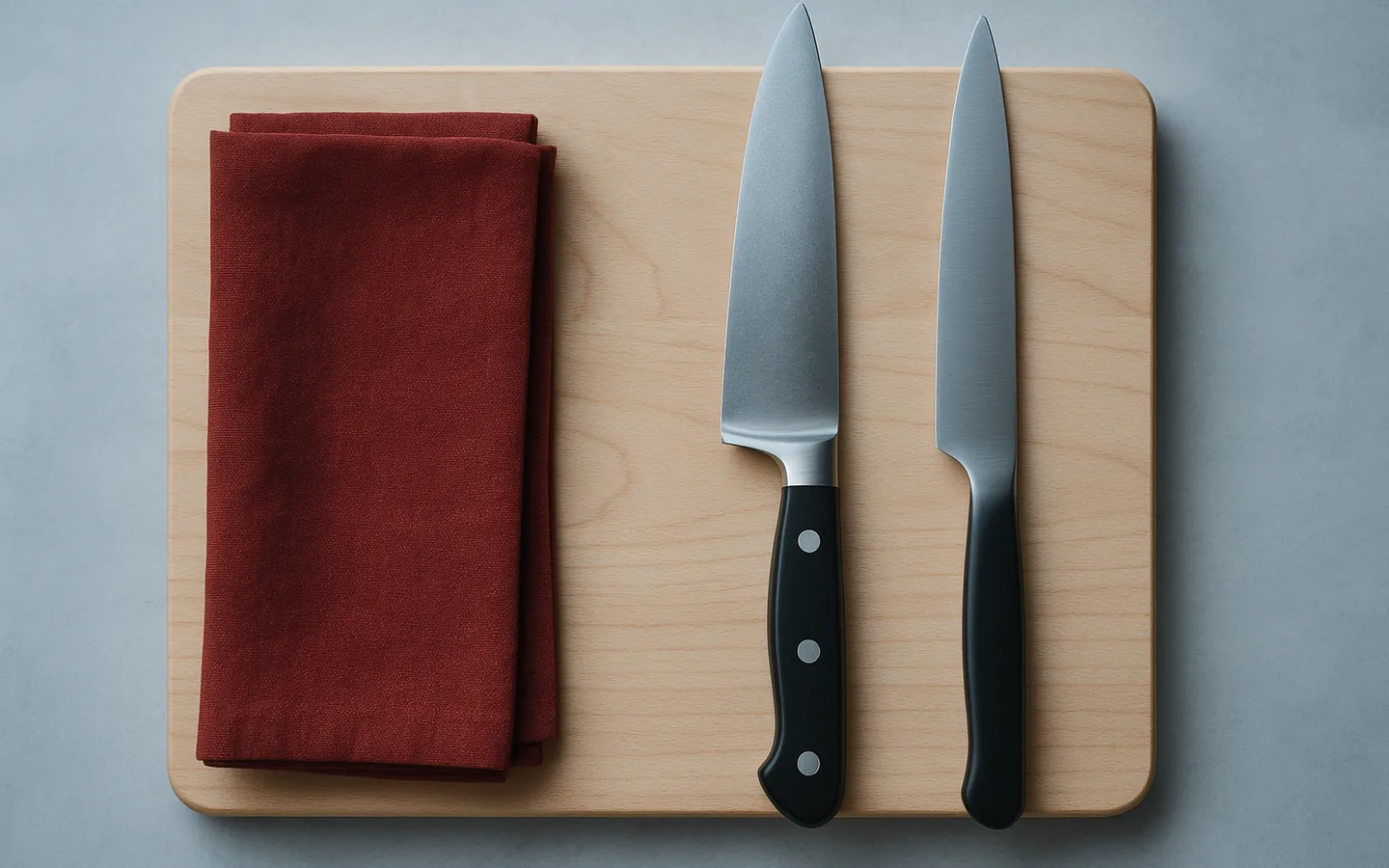 Ett smitt knivblad med synligt bolster bredvid ett stämplat blad utan bolster på en arbetsbänk