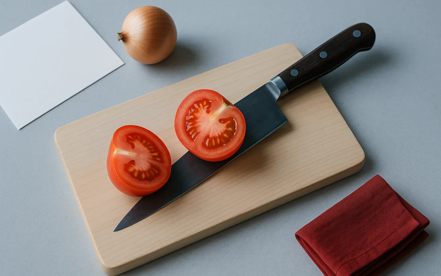 Kockkniv som skär genom en tomat och en lök på en skärbräda i björk, sett uppifrån