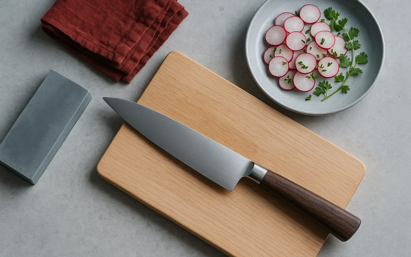 Kockkniv, slipsten och skärbrädor i trä och plast uppradade på en köksbänk i kallt dagsljus