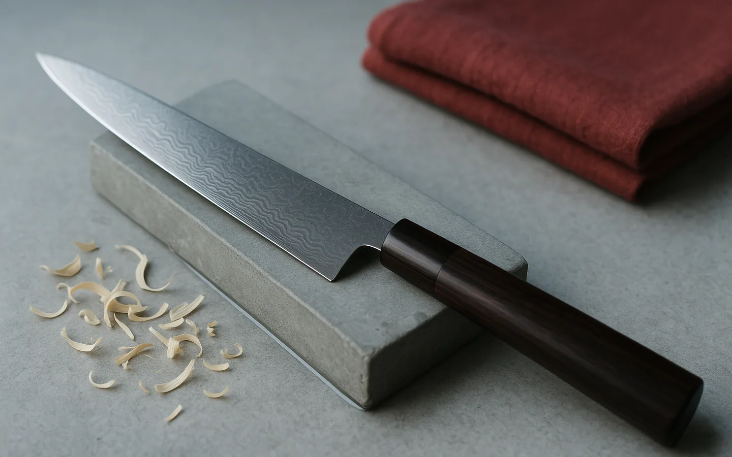 Tunn japansk kockkniv med Damascusmönstrat blad vilandes på en vattensten med björkspån bredvid