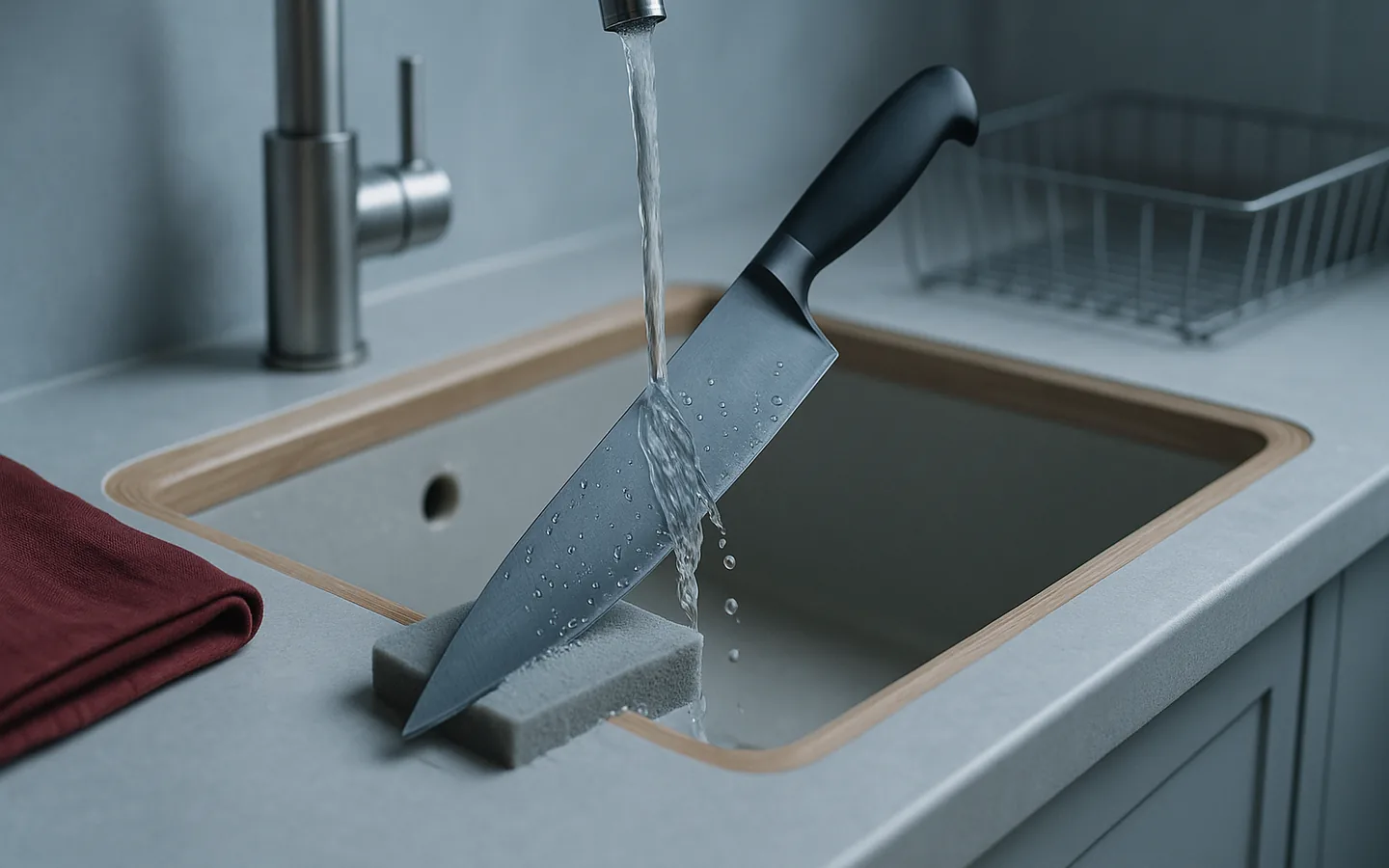 En kockkniv handdiskas med en mjuk svamp i varmt vatten vid en diskho, med en tom öppen diskmaskin i bakgrunden