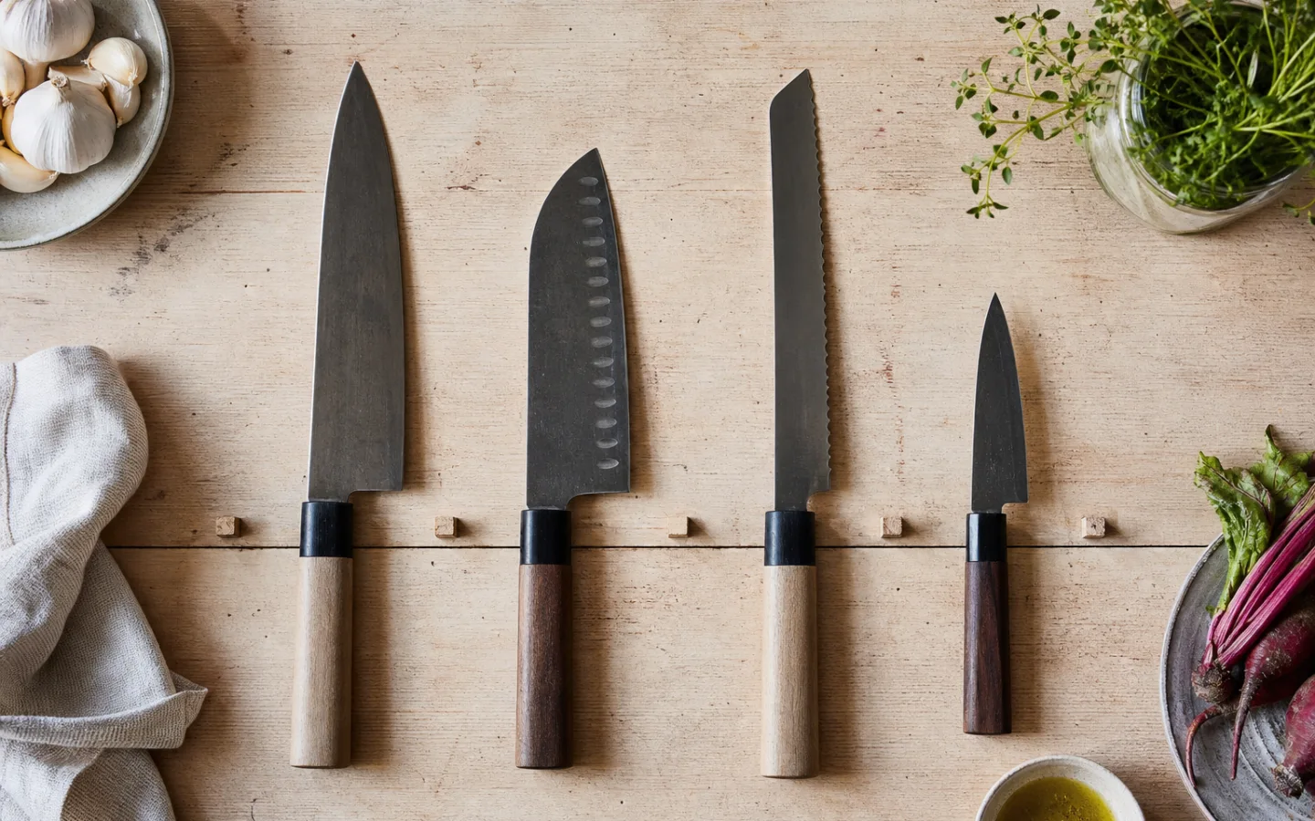 Kockkniv, santokukniv, brödkniv och skalkniv på en ljus träyta