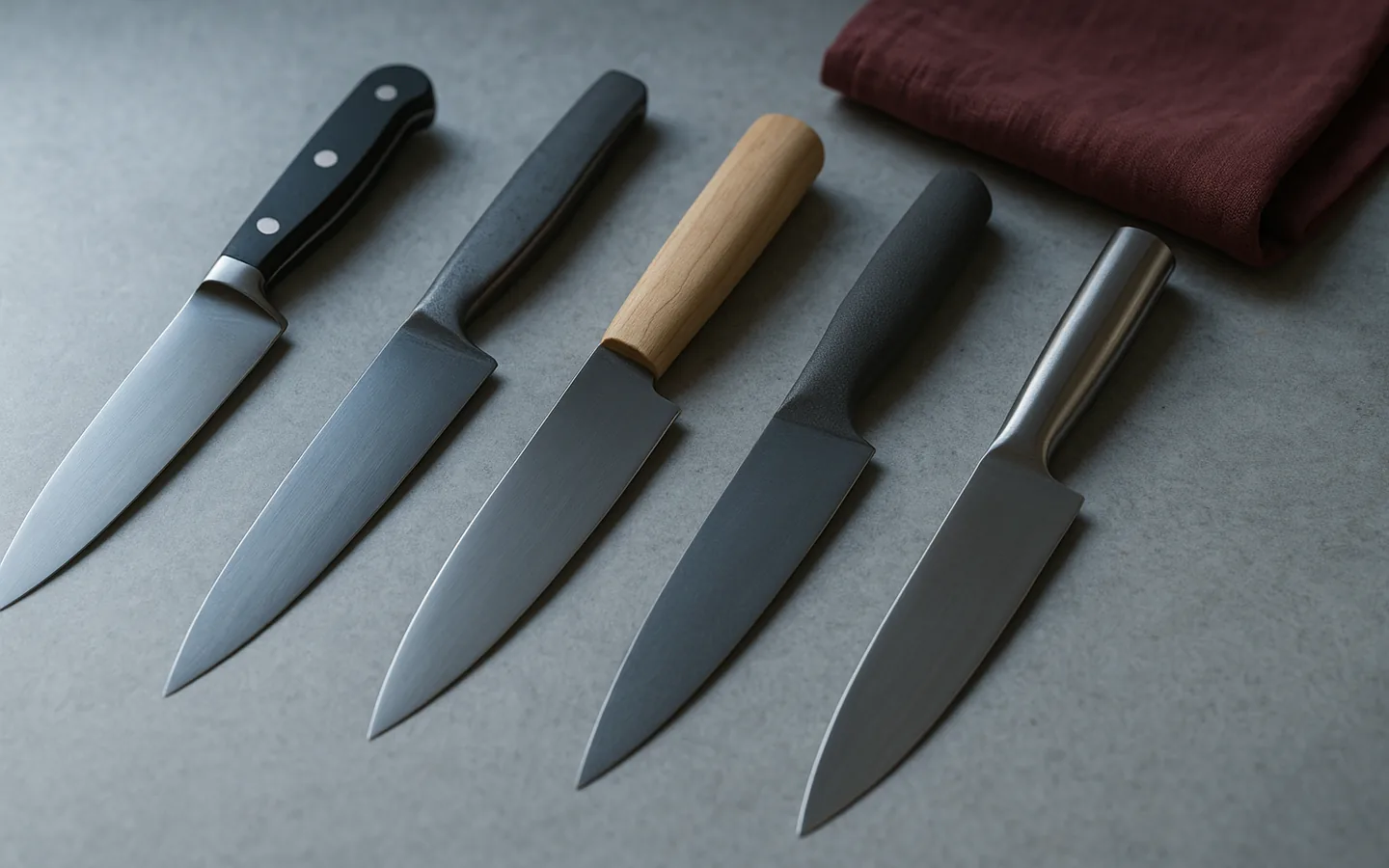 Knivar med olika handtagstyper uppradade på en arbetsbänk, från mörkt nitat handtag till ljust björkskaft