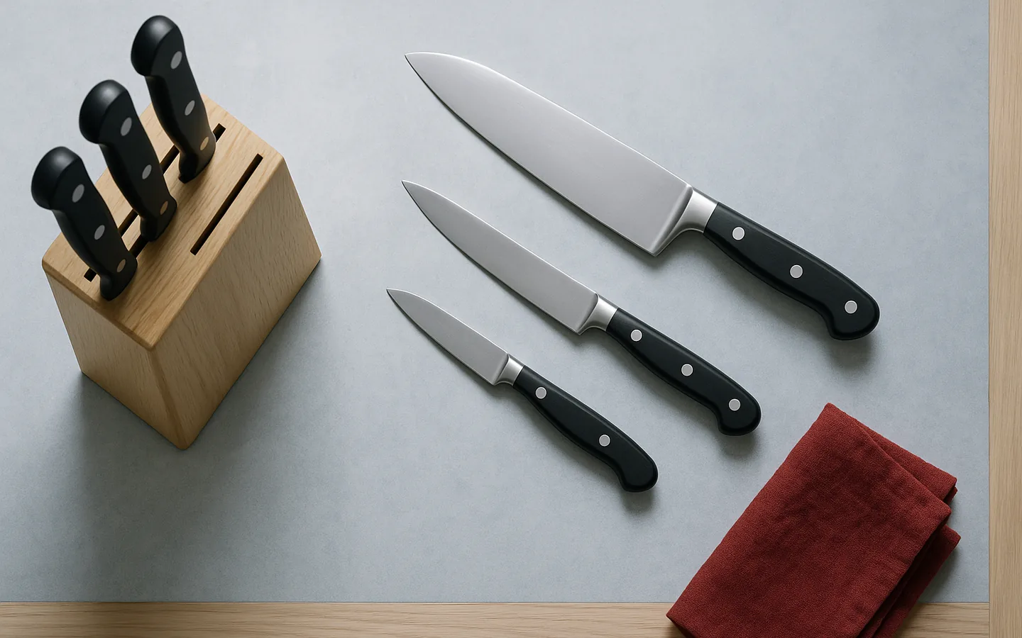 Ett knivblock med samlat set bredvid tre enstaka knivar utlagda separat på en björkskärbräda
