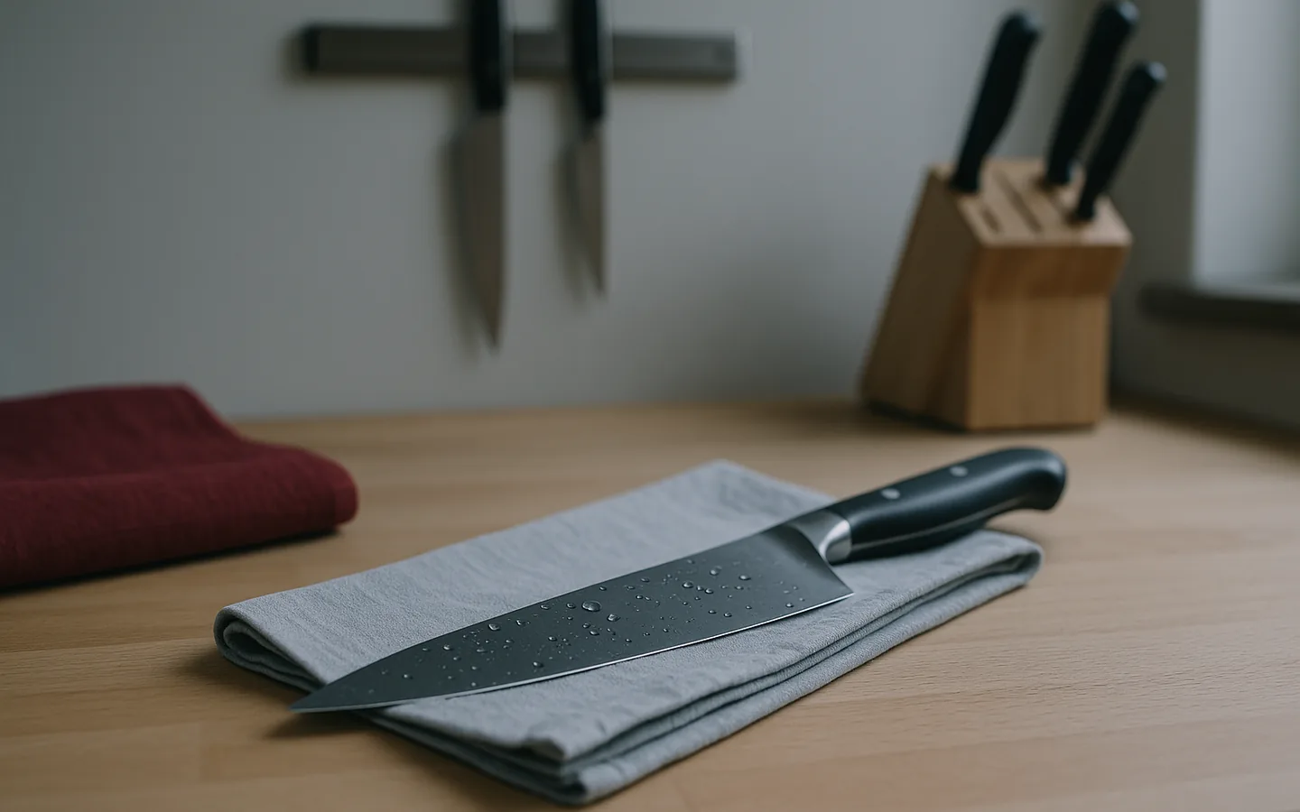 Knivar torkas för hand och ställs tillbaka i ett block och på en magnetlist i ett ljust kök