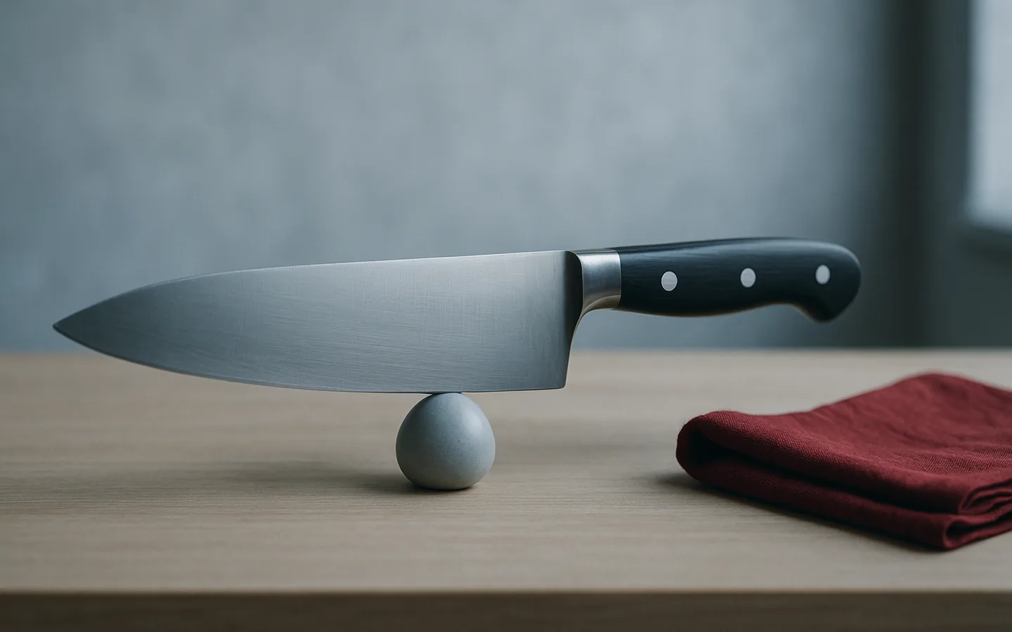 En hand som balanserar en kockkniv på ett finger vid bladets bas, med skärbräda och grönsaker i bakgrunden