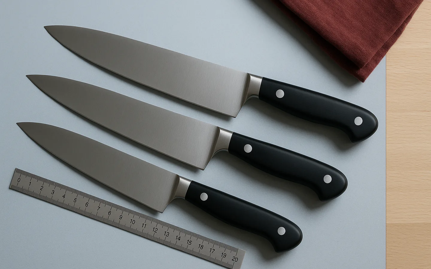 Tre kockknivar i olika bladlängder upplagda bredvid varandra på en björkskärbräda för storleksjämförelse