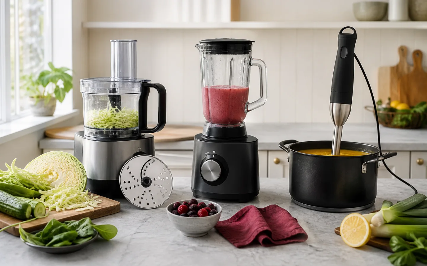 Matberedare med strimlad kål, blender med bärdryck och stavmixer i en gryta
