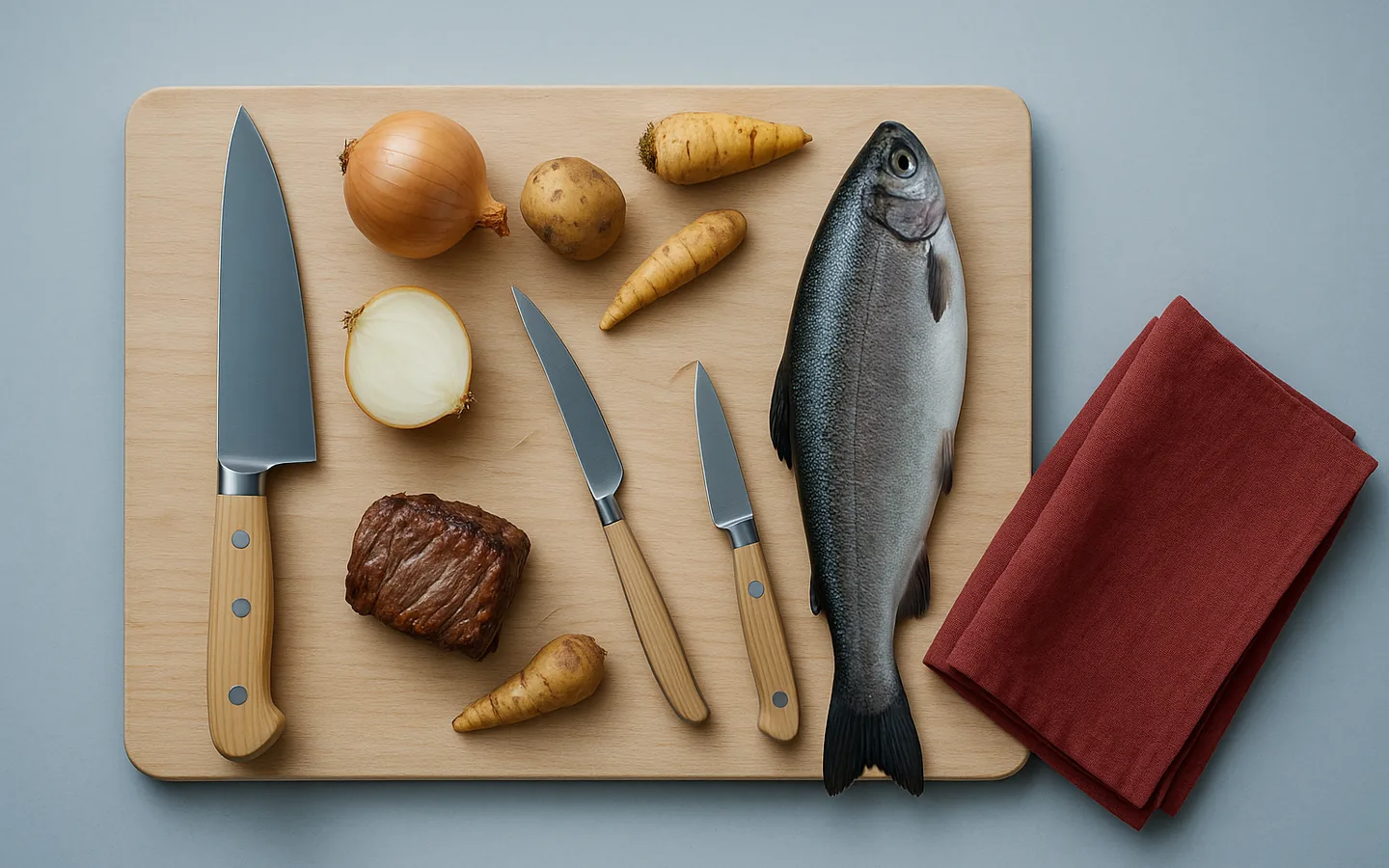 Kockkniv, filékniv och skalkniv ordnade runt fisk, lök och grönsaker på en björkskärbräda, sett uppifrån