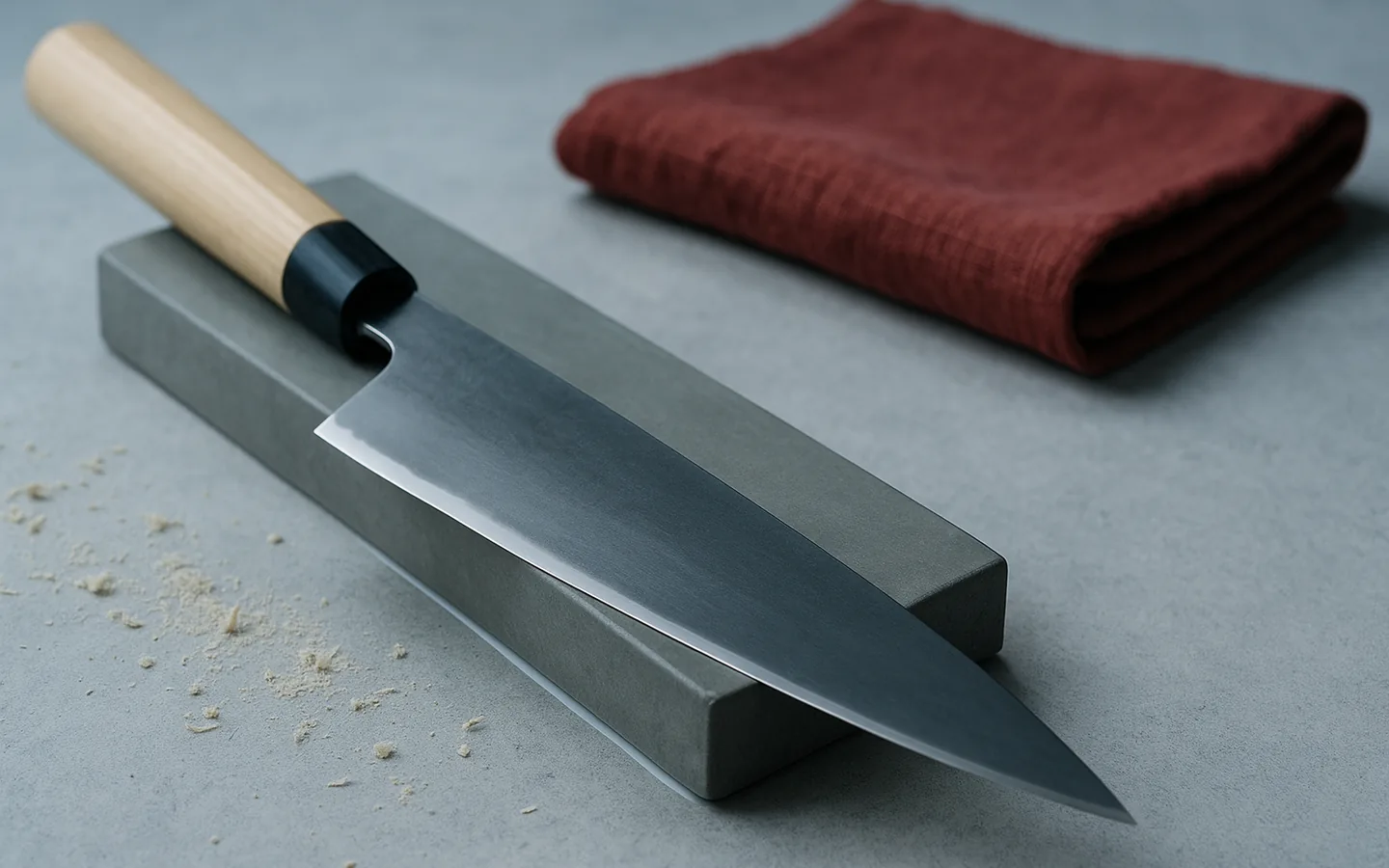 Tunn japansk kockkniv med smal egg vilandes på en vattensten, med björkspån i förgrunden