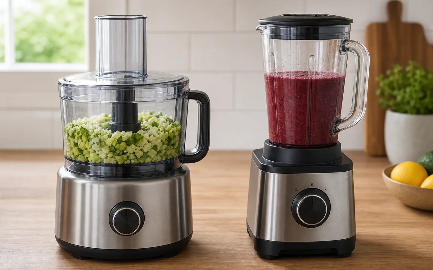 Matberedarskål med grovhackade grönsaker bredvid en blenderkanna med slät bärdryck
