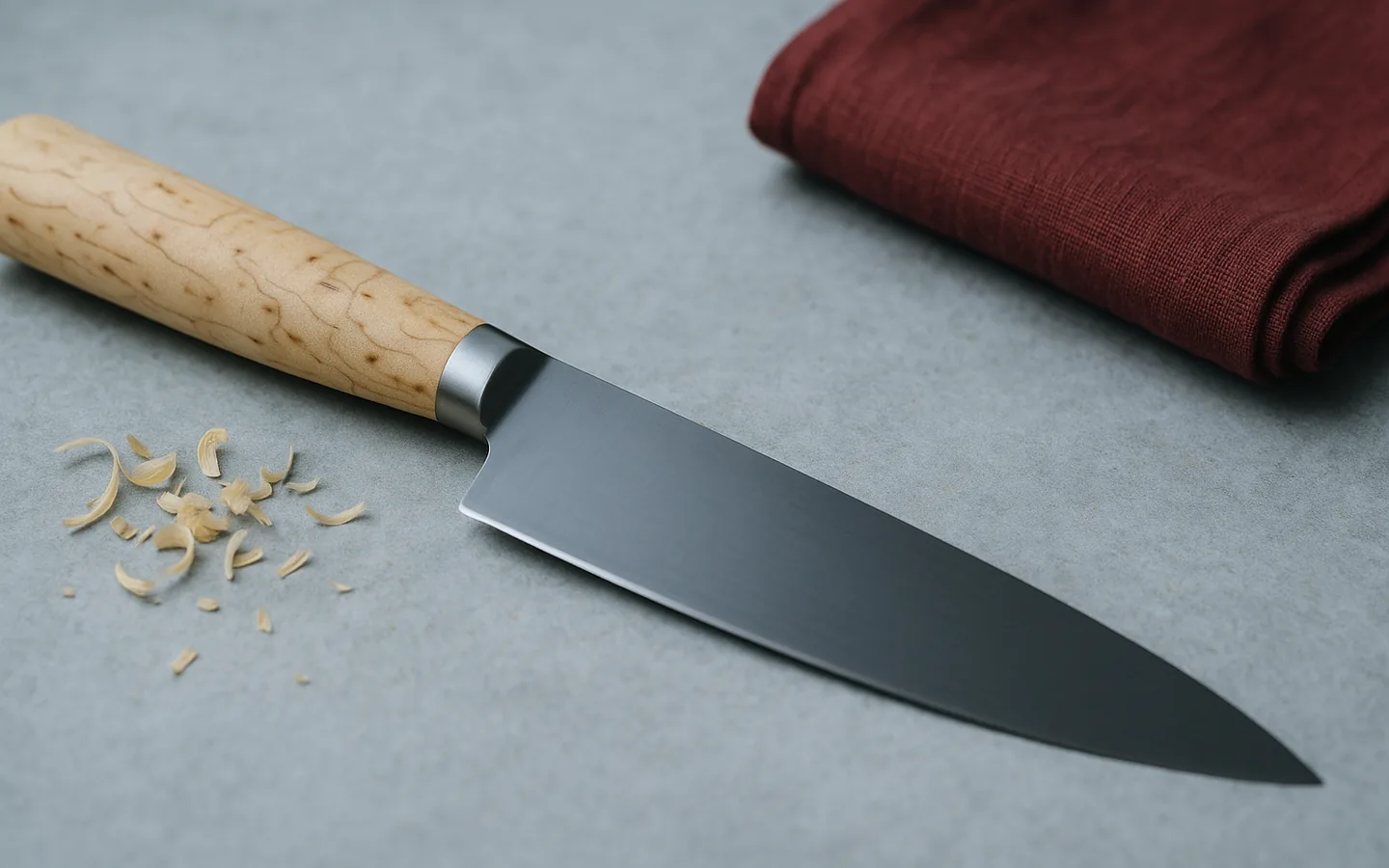 Kockkniv med björkskaft vilandes bredvid björkspån och ett falurött tygstycke på en ljus stenbänk