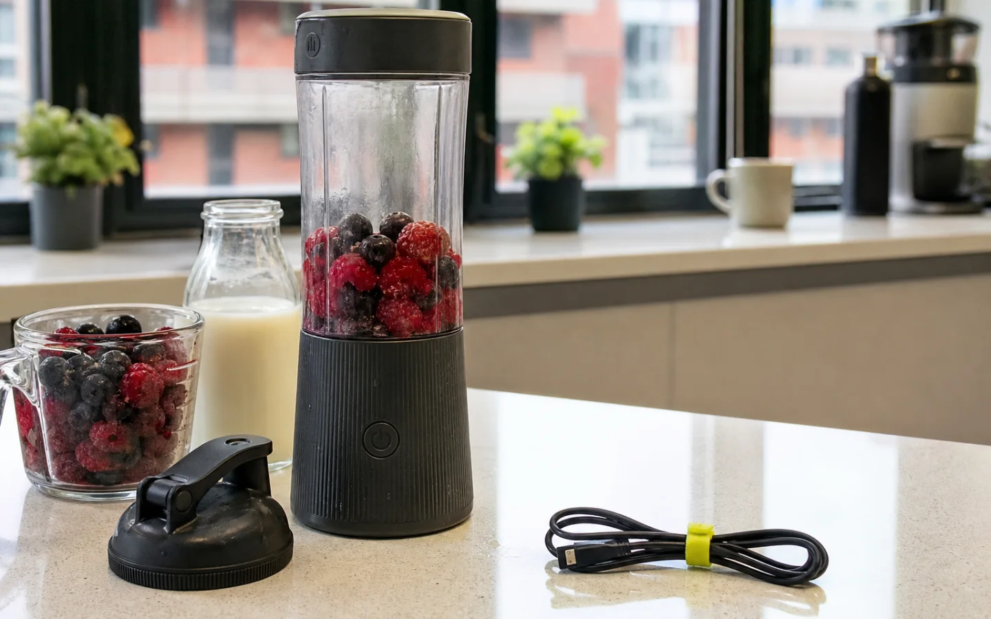 Portabel blender med bär, mjölk, dricklock och USB-laddkabel på en köksbänk