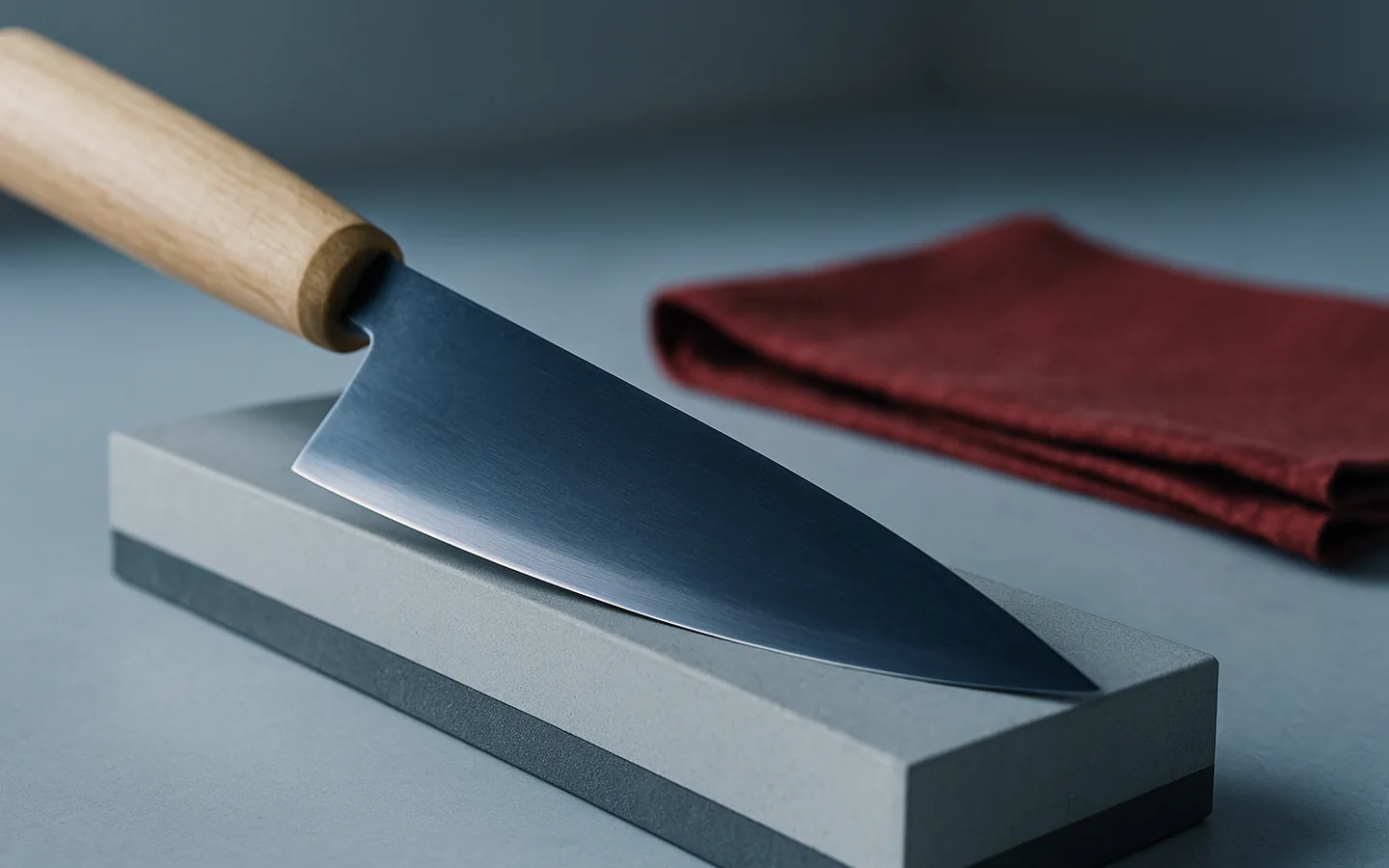 Kniv hållen i en lutande vinkel mot en slipsten, sedd från sidan i kallt dagsljus
