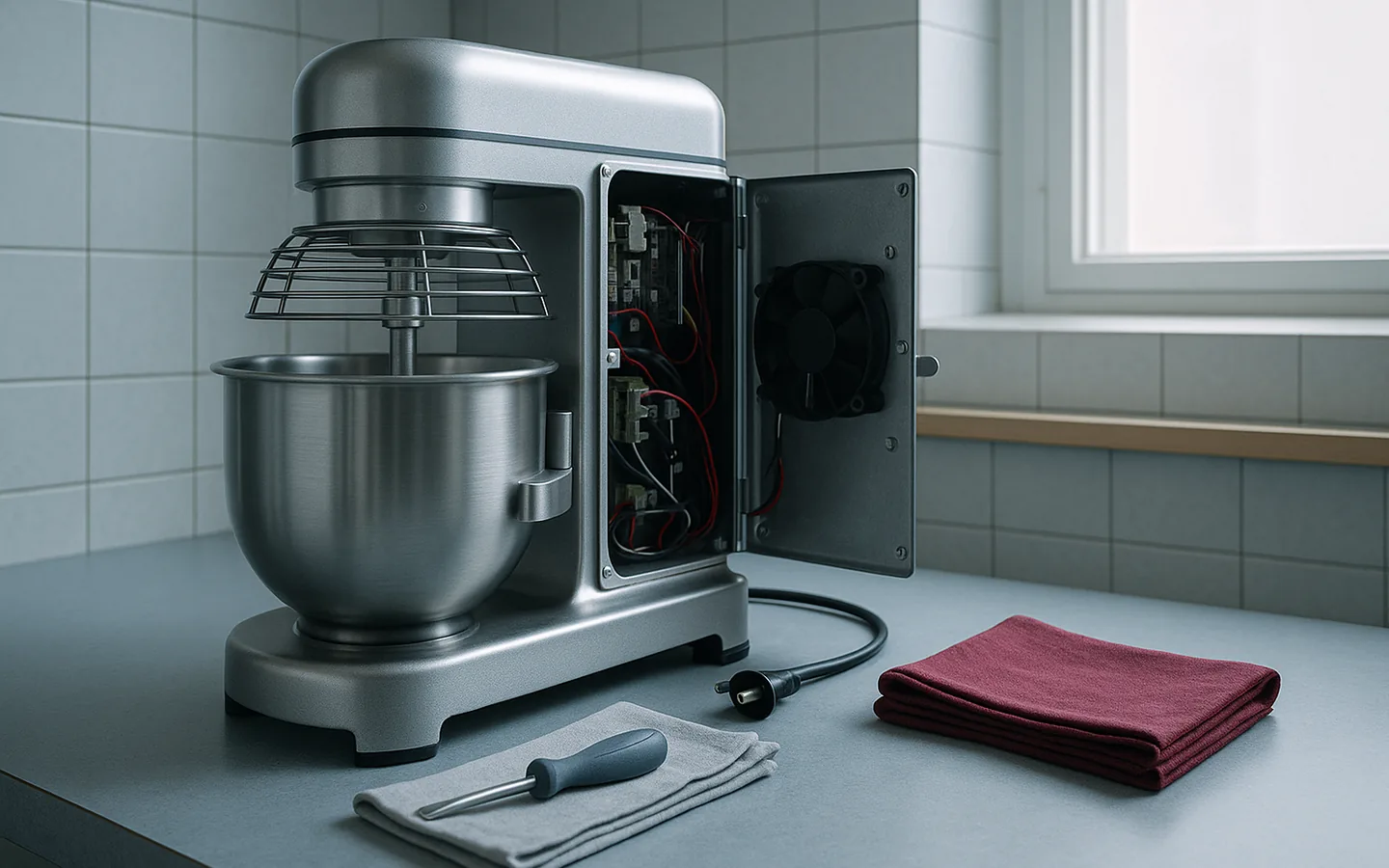En servicetekniker inspekterar en rostfri storköksmaskin med ett handverktyg, maskinen frånkopplad