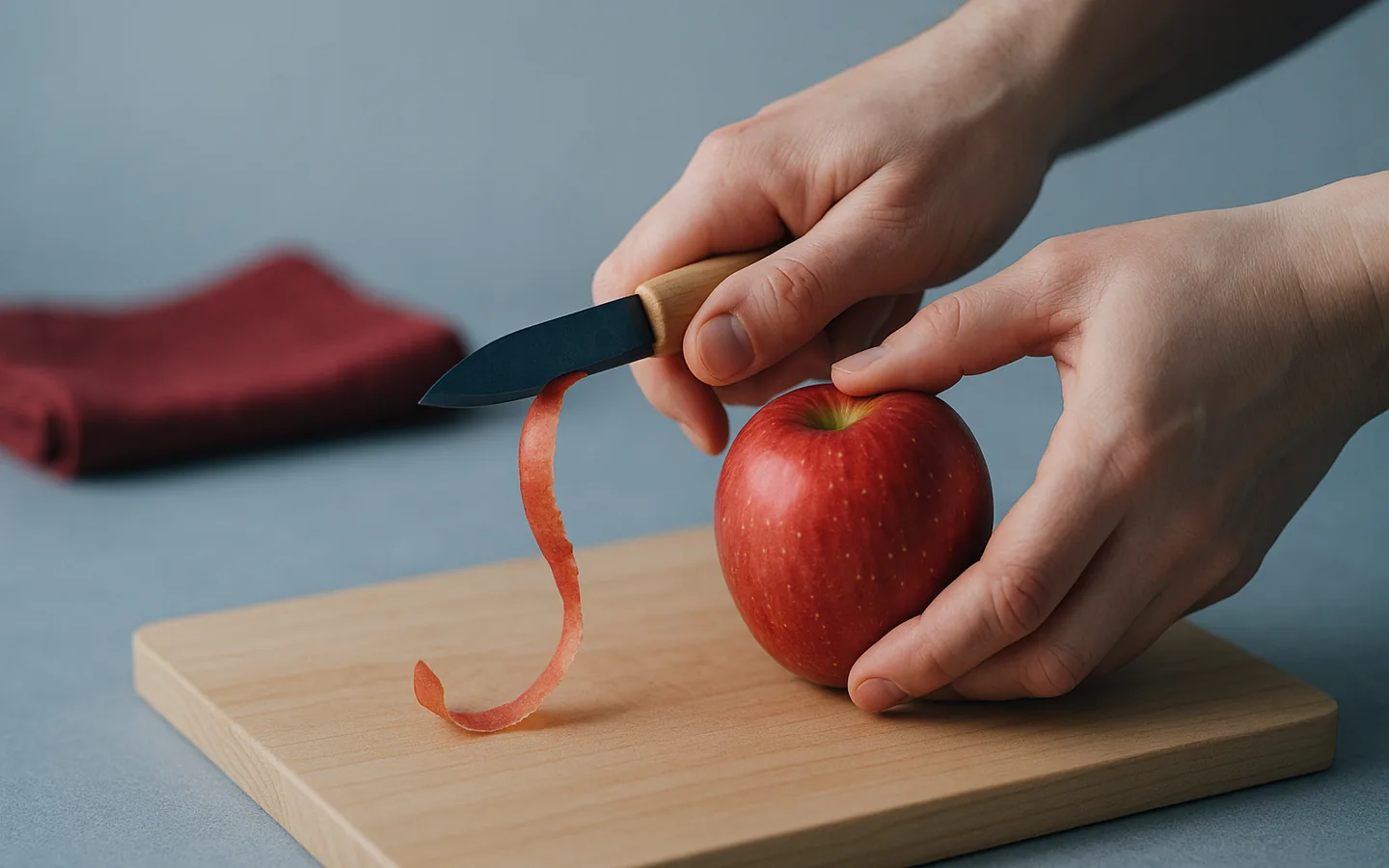 Hand som håller ett äpple i klogrepp medan en kort skalkniv skalar mot handen på en björkbänk