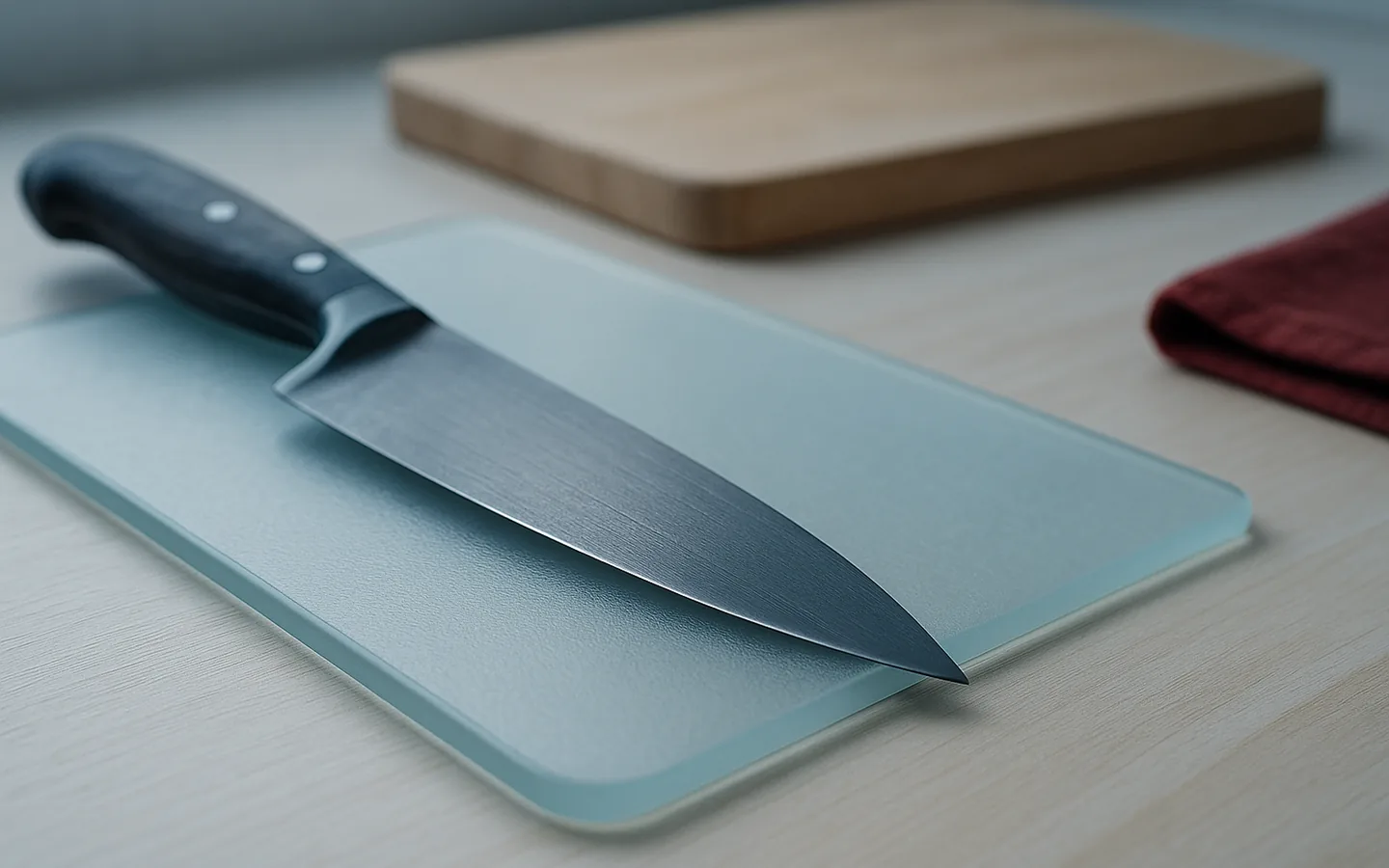 En kockkniv vilar bredvid en blank glasskärbräda på en ljus köksbänk, kontrasterad mot en träskärbräda i bakgrunden