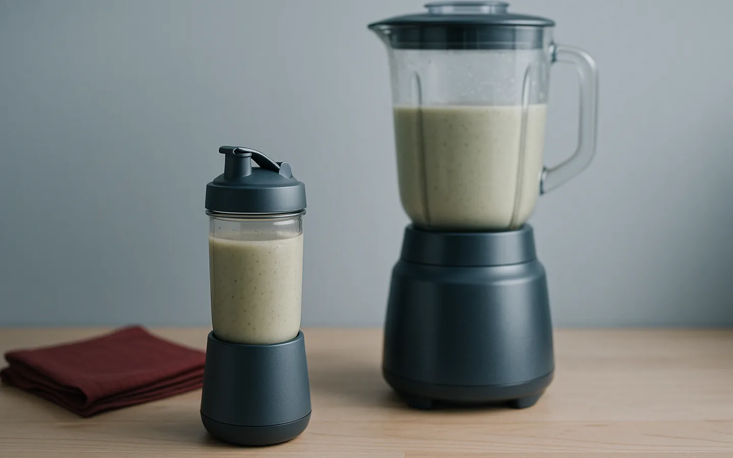 En muggformad smoothieblender med drickpip står bredvid en vanlig hög bänkblender med stor kanna på ett köksbord