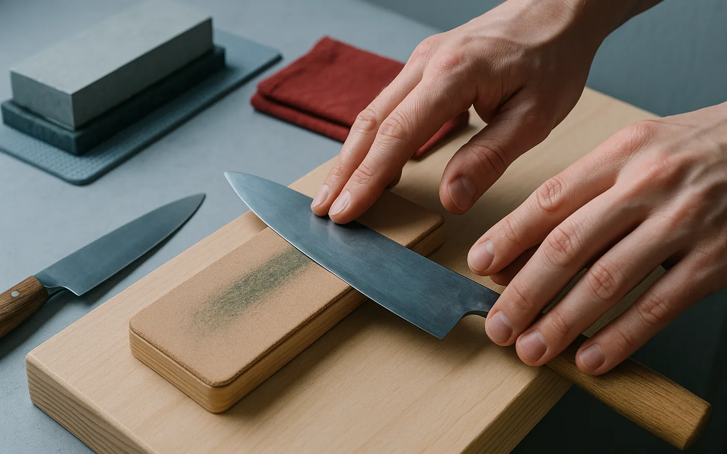 Kniv som dras bakåt över en läderstropp på ett träbord, med en slipsten synlig i bakgrunden