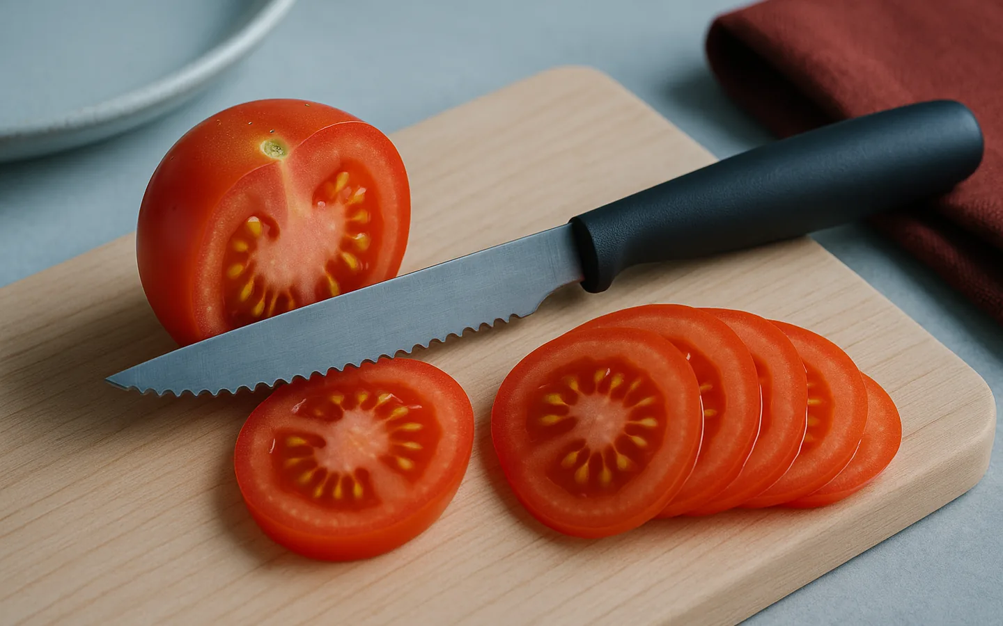 En tandad tomatkniv som skär genom en mogen tomat i jämna skivor utan att krossa köttet