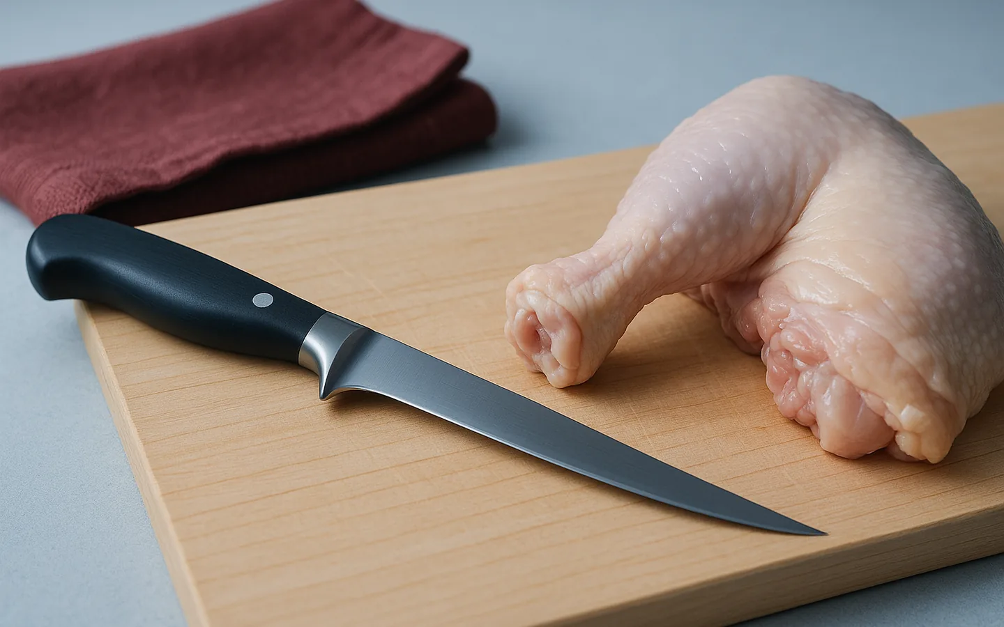En urbeningskniv med smalt, spetsigt blad som arbetar tätt intill benet på en köttbit