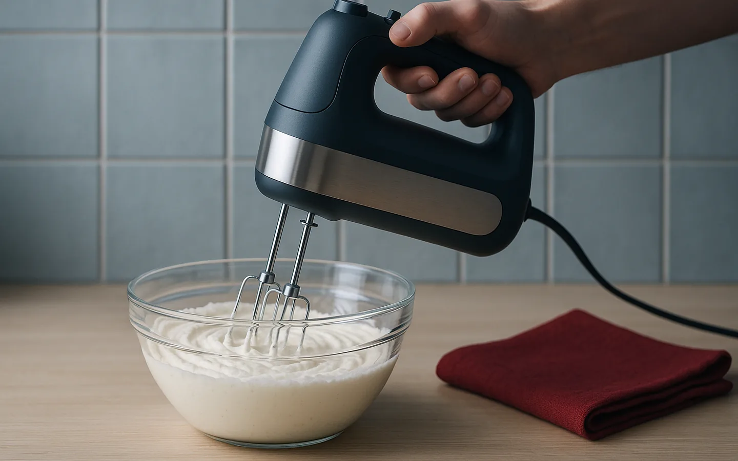 En handmixer med två löstagbara vispar hålls över en skål med vispad grädde på en ljus köksbänk