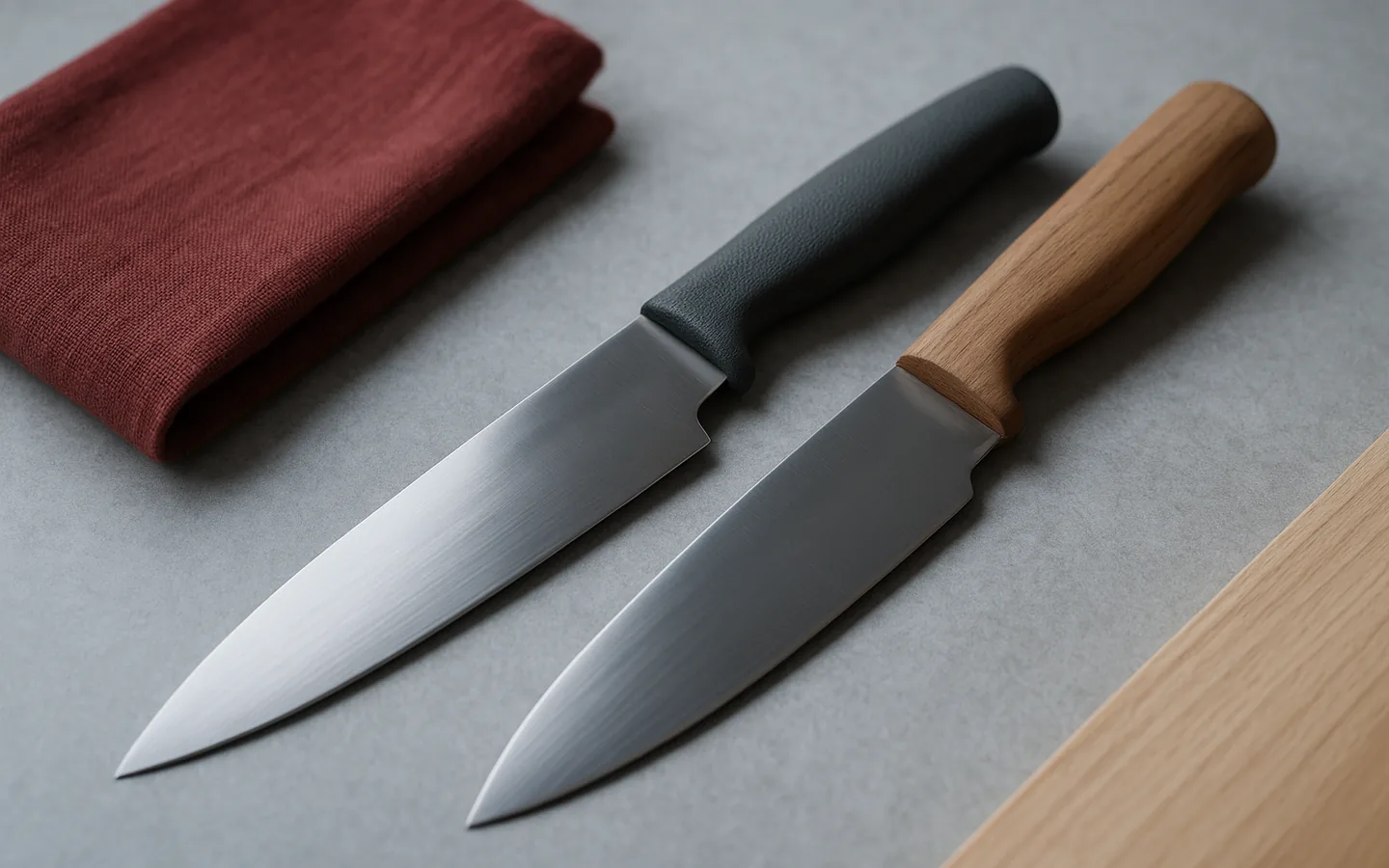 Kockkniv med halkfritt strukturerat handtag bredvid en kniv med slätt handtag i valnöt, på en ljus arbetsbänk