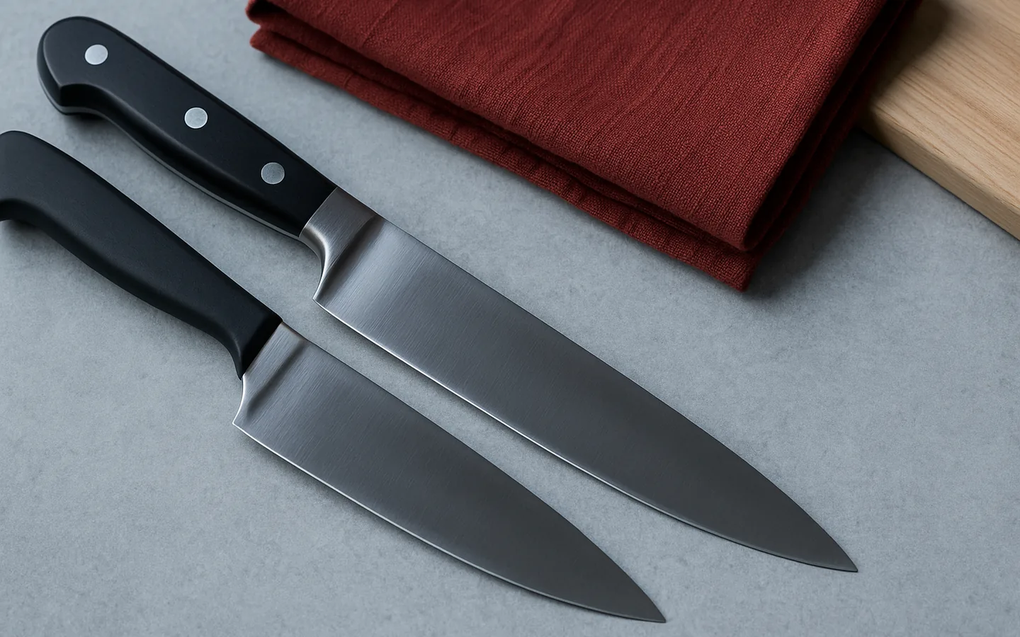 Kockkniv med tjockt bolster liggandes bredvid en tunnare, bolsterlös kniv på ett stålbord