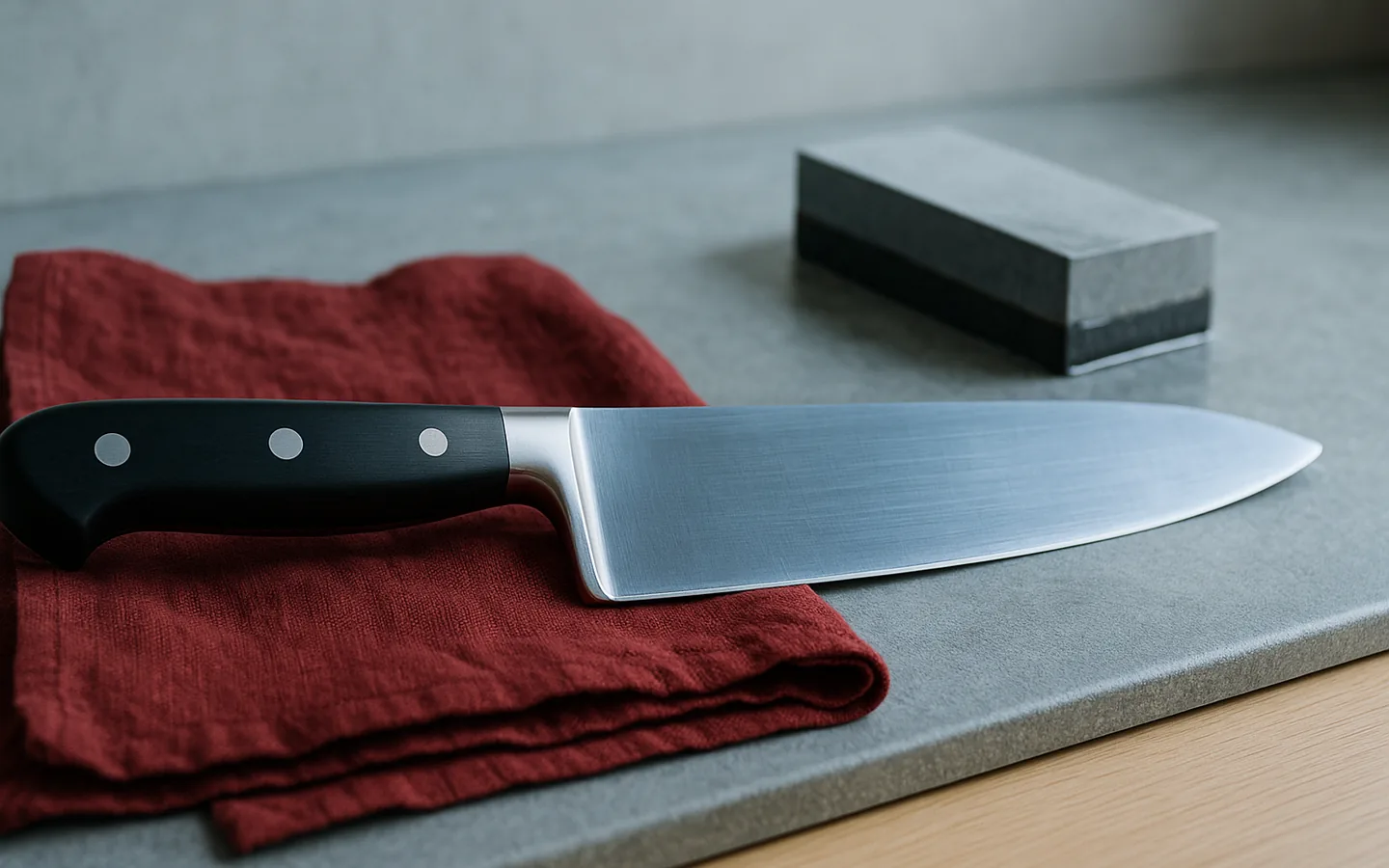 Smidd kockkniv med nitat handtag och böjd bolster på ett stålbord, med en brynsten intill